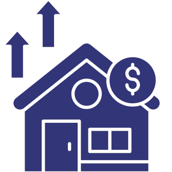 An icon of a house with a dollar sign and two upward-pointing arrows, representing an increase in home value.