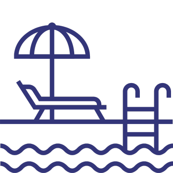 An icon of a swimming pool with a ladder, lounge chair, and umbrella, representing pool services.