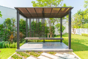 Modern Pergola with Bench in a Garden