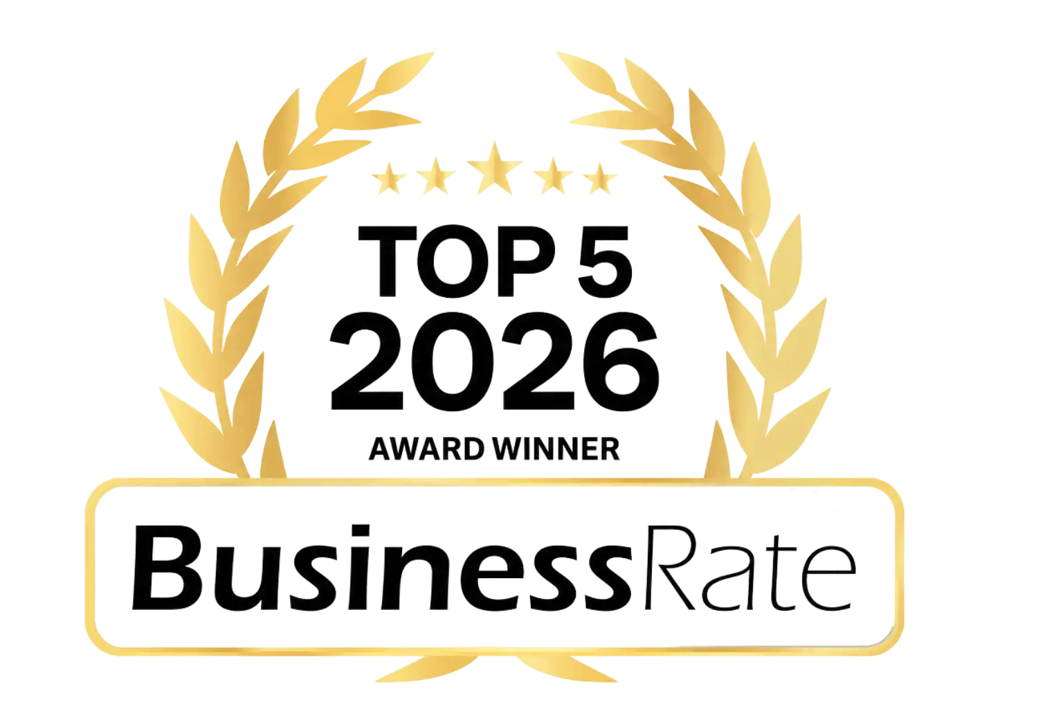BusinessRate Top 5 Award Winner 2026 official badge with gold laurel wreath on a transparent background.