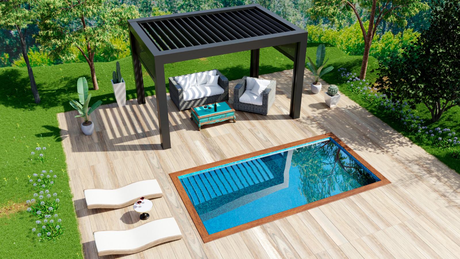 A 3D rendering of a modern backyard with a black pergola, a rectangular pool, and a wood deck.
