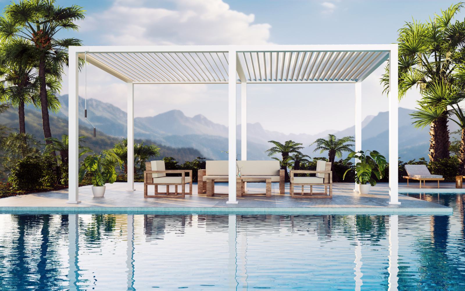 3D illustration of a 6 post white bioclimatic pergola on sundeck next to pool. Lush green garden with palm trees and mountain view.