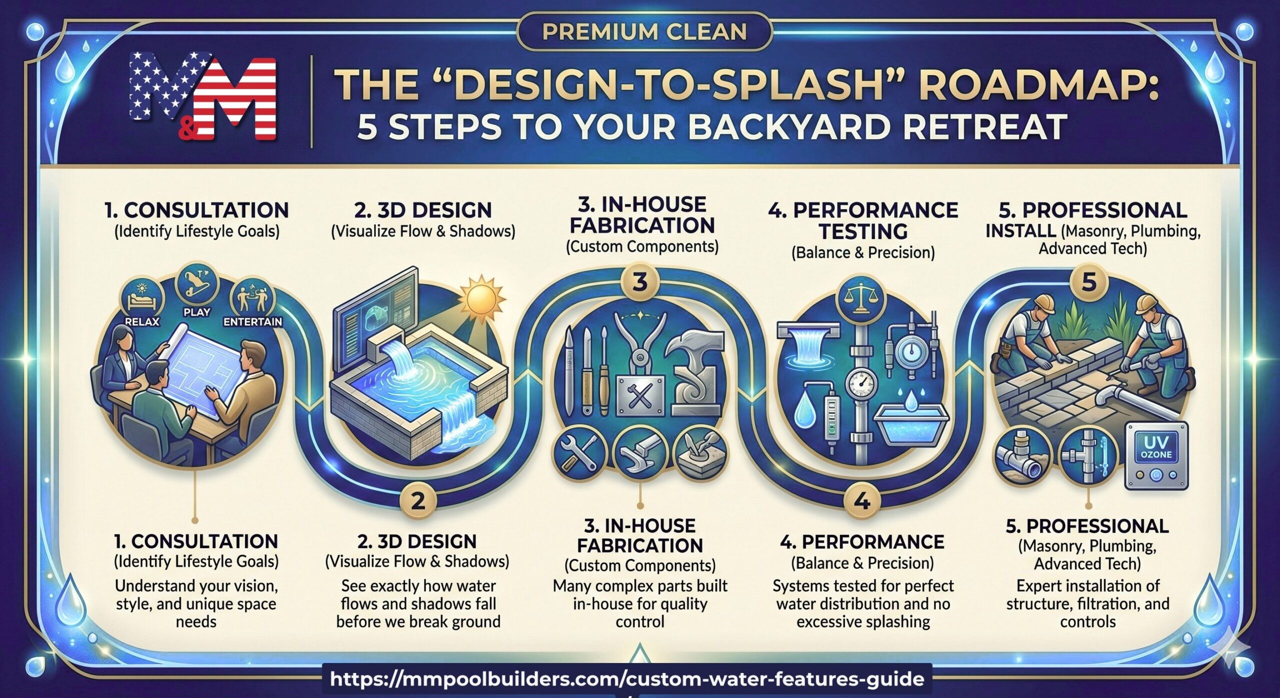 Infographic detailing the 5-step 'Design-to-Splash' roadmap for creating a custom backyard retreat: Consultation to identify goals, 3D design to visualize water flow, in-house fabrication for custom components, performance testing for balance, and professional installation with advanced technology.