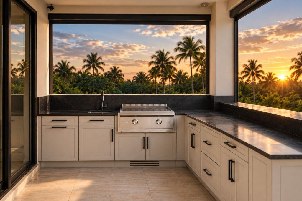 Modern outdoor kitchen on a covered patio in Boca Raton, adjacent to a pool.