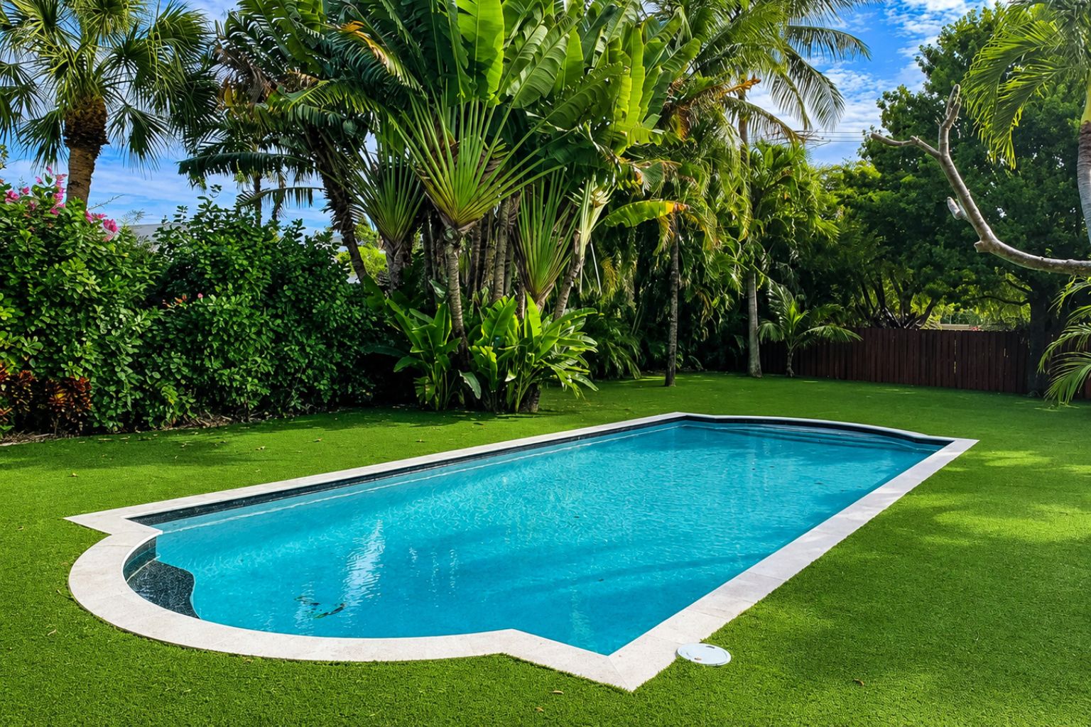 Poolside artificial turf around a backyard swimming pool with tropical landscaping and low-maintenance outdoor living design.
